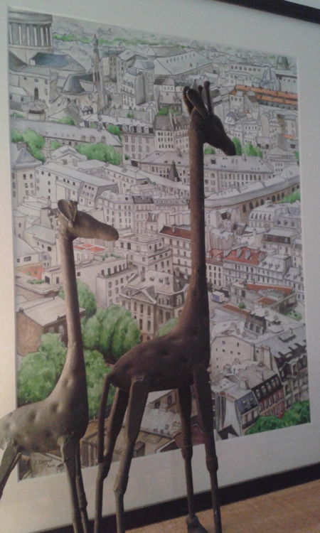 aquarelle girafes toits de paris encadrement